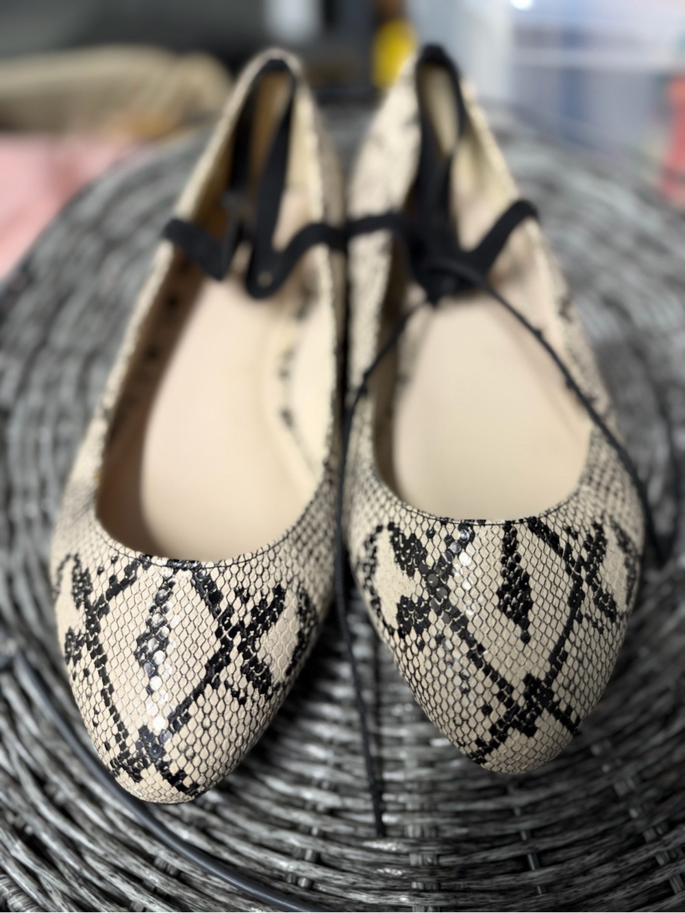 Torrid Beige and Black Snake-Print Pointed Flats with Ankle Tie